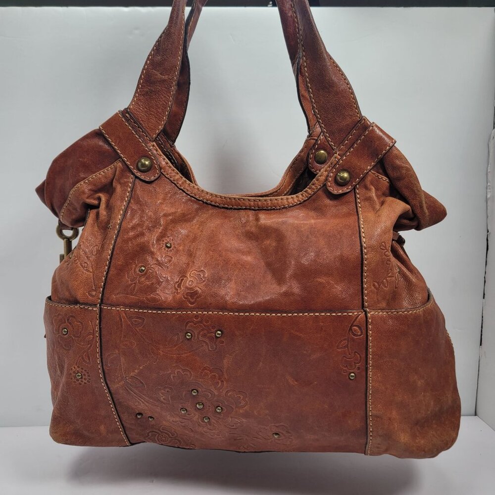 VTG Fossil Women's Brown Leather Floral Embossed Shoulder Bag